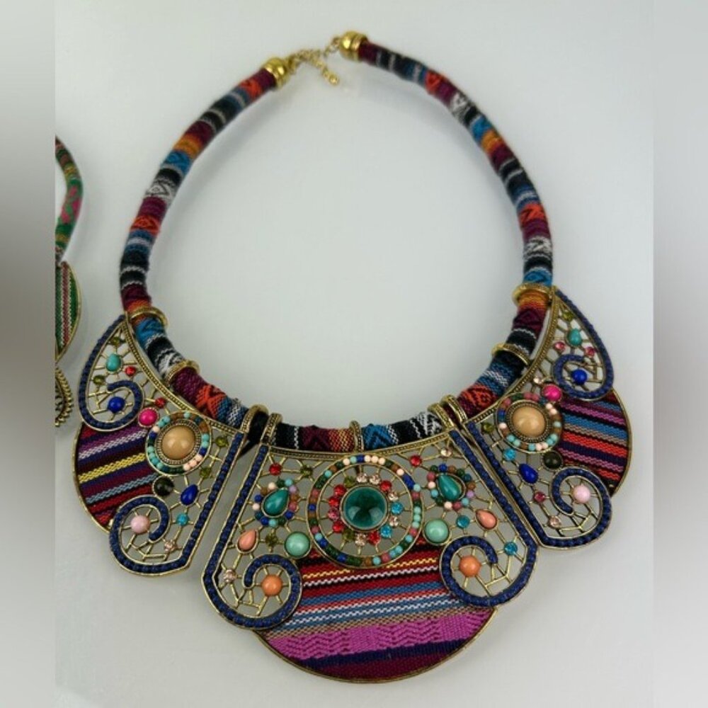 Tribal Beaded Threaded Rhinestone Necklaces Set of 2 Unique Eclectic Statement - Picture 8 of 16